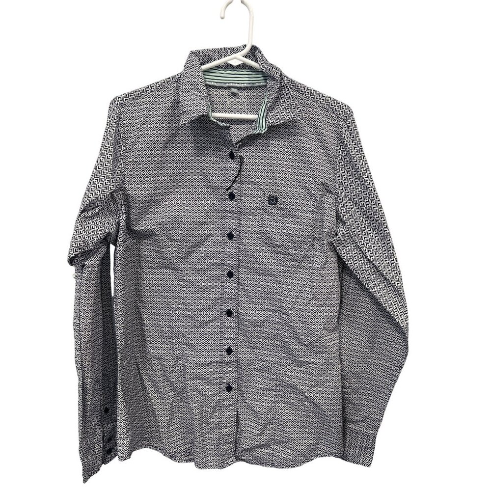 Cinch Geometric Button Down Shirt Mens XL Long Sleeve White Blue Career Western